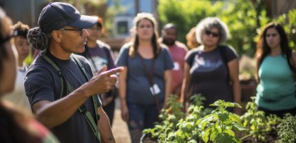Indigenous horticulturist leading a workshop on sustainable gardening practices in an urban community garden. Capture the harmony of traditional agricultural wisdom with modern urban gardening. Realistic, cinematic photo, photography, cinematic tones --ar 16:9 --v 5.2 Job ID: 4f0721ea-8d82-46b2-b5c1-907bd3c86317